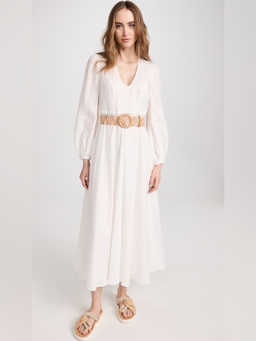 NWT Zimmermann Cira Plunge Linen Long Dress w/ Belt 0 US4